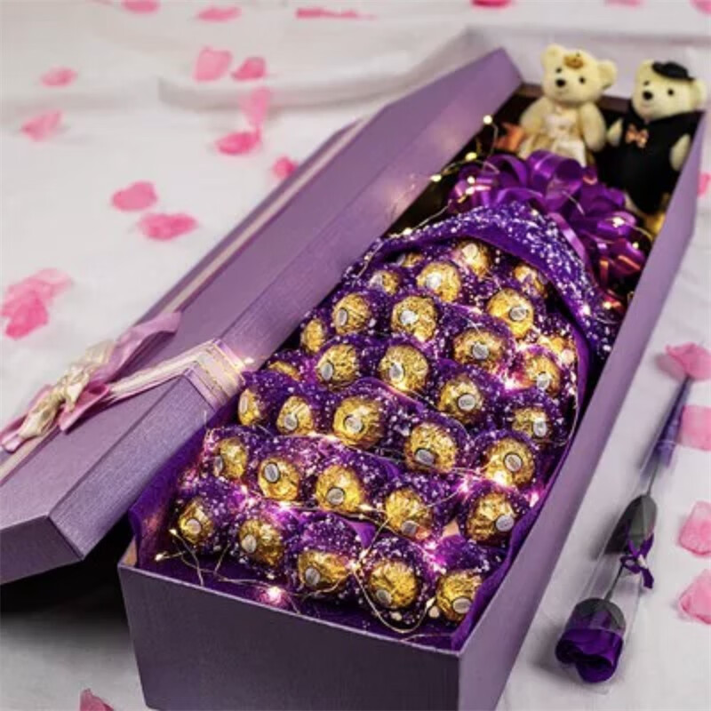 费列罗花束巧克力 表白送男女朋友圣诞节零食礼包生日七夕节表白礼物 “紫”+33粒