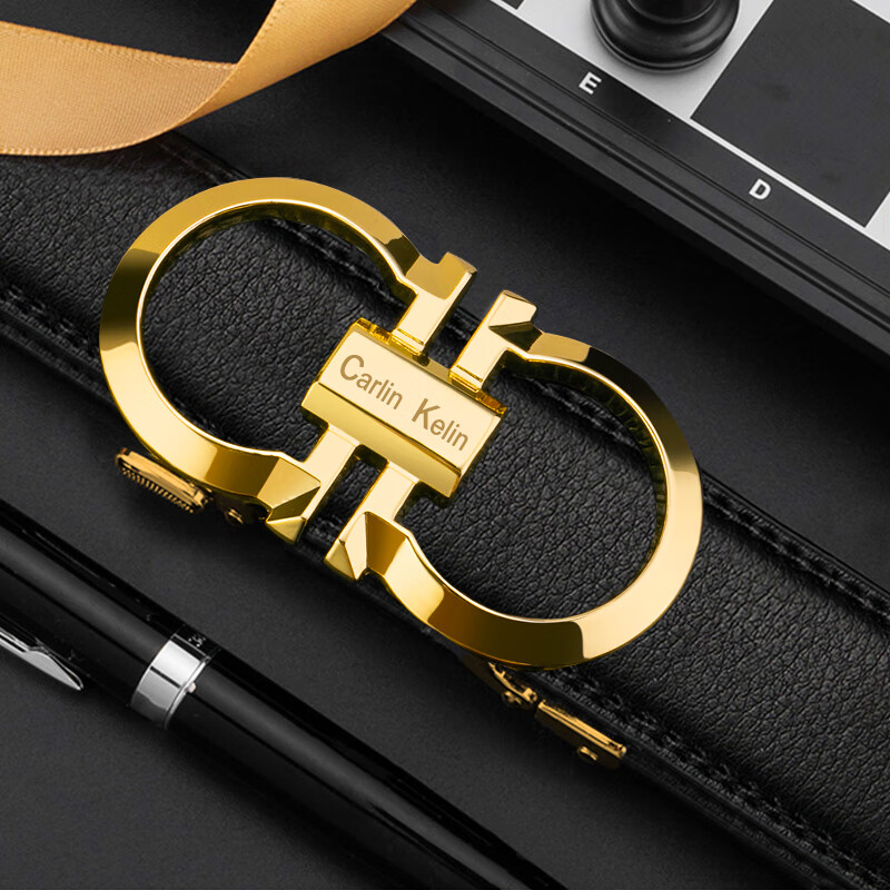 POACY男士皮带 豹子真牛皮腰带男 时尚商务情人节 情人节裤带男款 百搭 小ck金色扣 115cm 【33-35裤码】