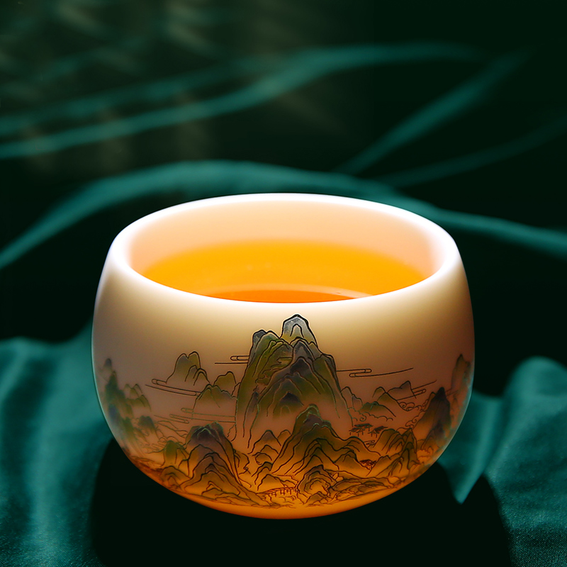 匠仙 徐建勇德化羊脂玉白瓷青绿江山茶杯个人陶瓷功夫茶具主人杯单杯 青山绿水莲花杯