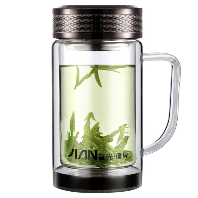 富光健牌双层玻璃杯  带把手水晶杯厚底办公玻璃水杯 带茶隔透明水