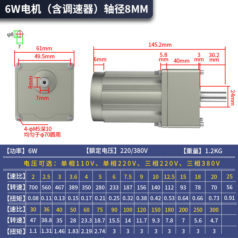 220v交流可调变速微型小型齿轮减速电机传送输送带马达120w/400w 6W电机含调速器轴径8MM