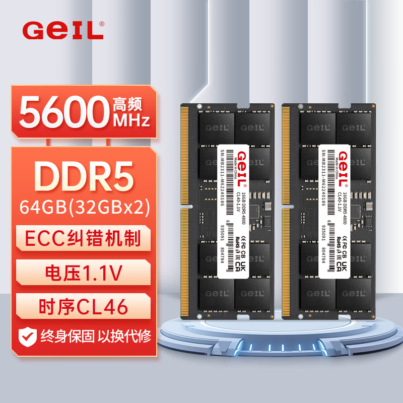GEIL 金邦 64GB(32GBx2)套装 DDR5 5600 笔记本内存条 千禧系列