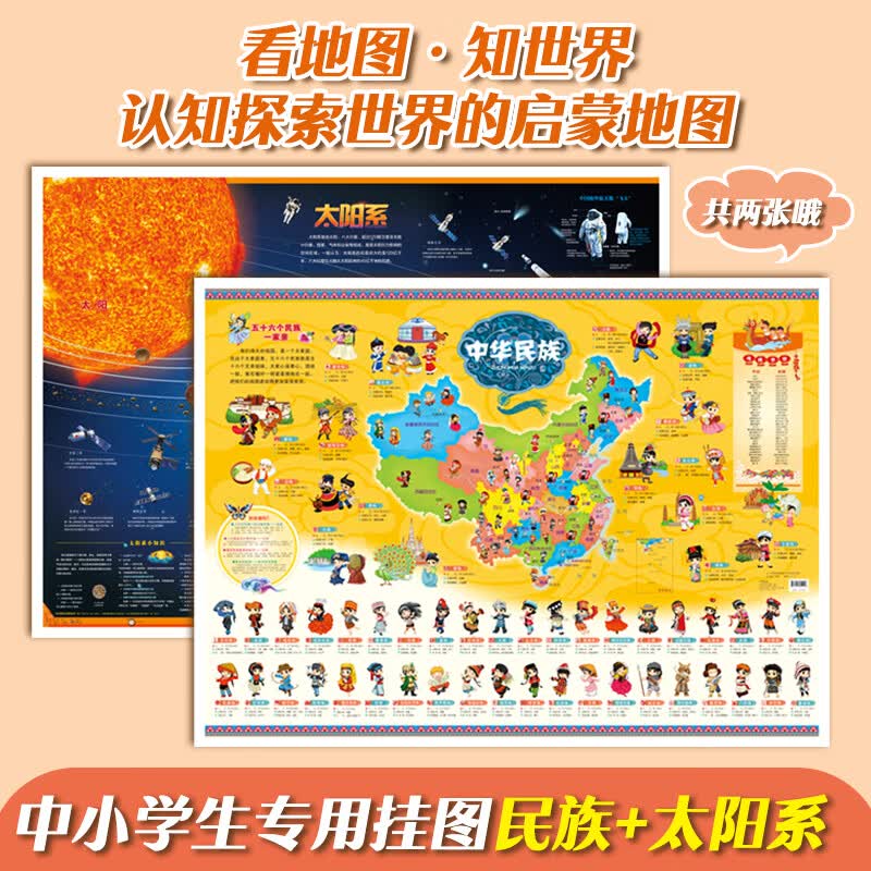 儿童房挂图系列 中华民族+太阳系 儿童版高清大尺寸小学生家用专用挂画儿童房撕不烂防水儿童启蒙认知科
