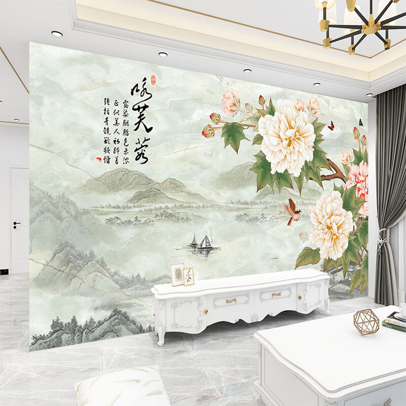 鴻贊　芙蓉壁畫(huà)客廳墻布電視墻凹凸立體壁布影視墻18D浮雕定制墻壁紙畫(huà)歐式絲絹布畫(huà)水墨山水畫(huà) 《詠芙蓉》369006 3D平面絲娟布/平方米  高寬定制