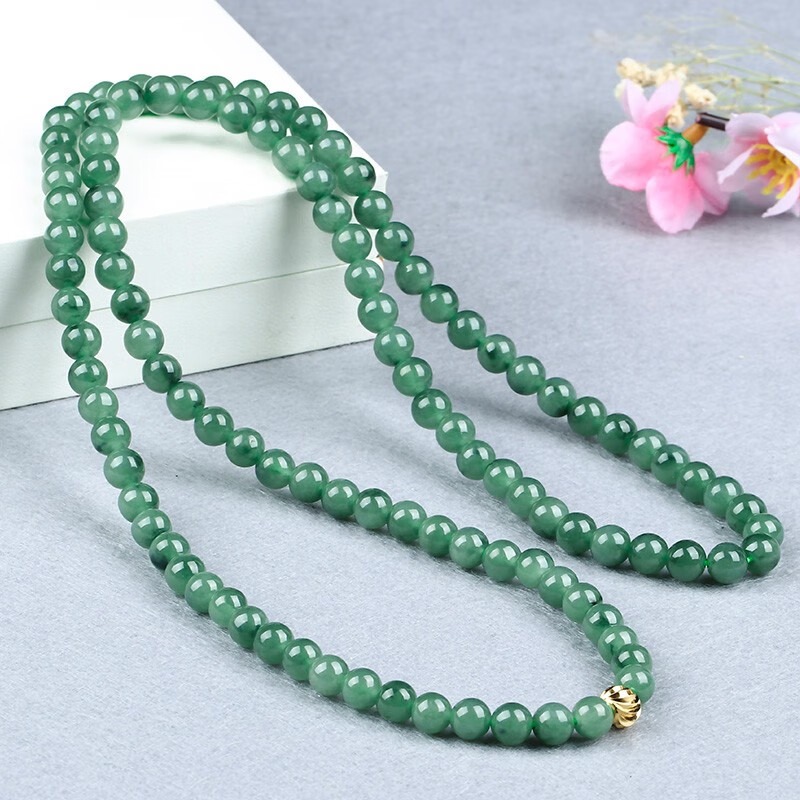 天然翡翠项链 a货玉石108颗佛珠项链油青珠子手串圆珠手链 图片色