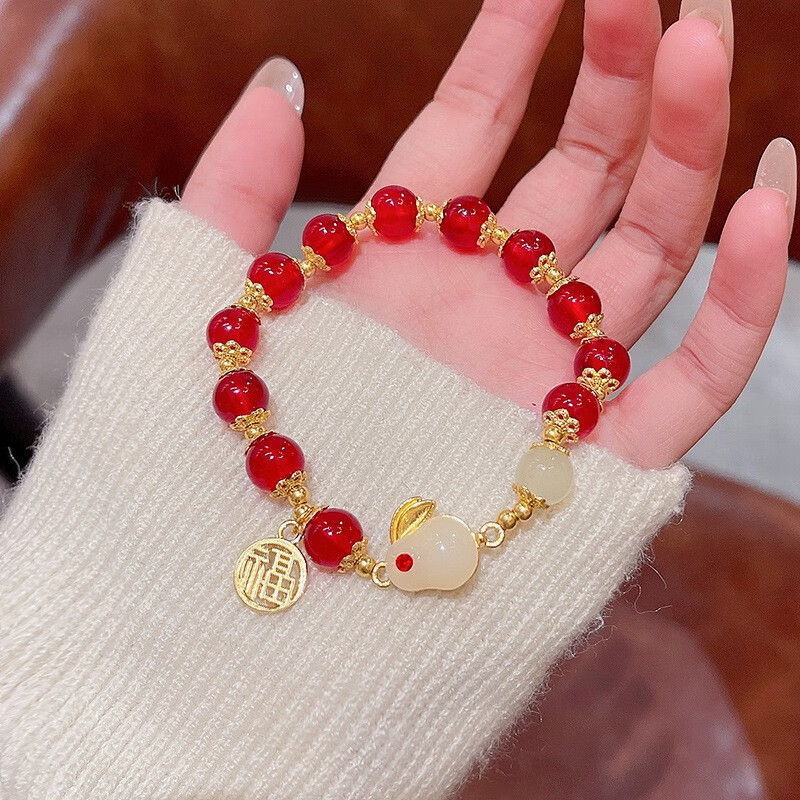 帝达芙美妆工具本命年红玛瑙玉兔手链2023年学生纯银和田玉兔子手串美妆 4串