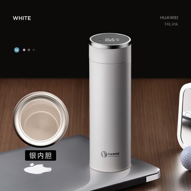 英国vanow银杯 智能保温杯999银内胆水杯子男女礼盒包装泡茶杯 优雅白