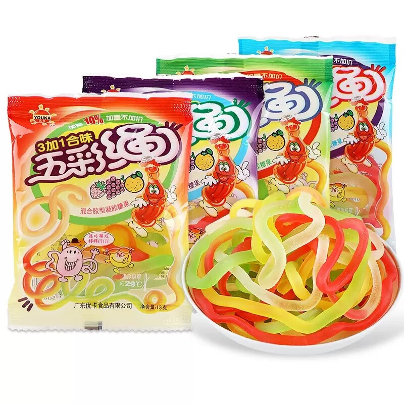 优卡五彩绳长条果汁橡皮软糖8090回忆儿时怀旧童年休闲小零食 五彩绳