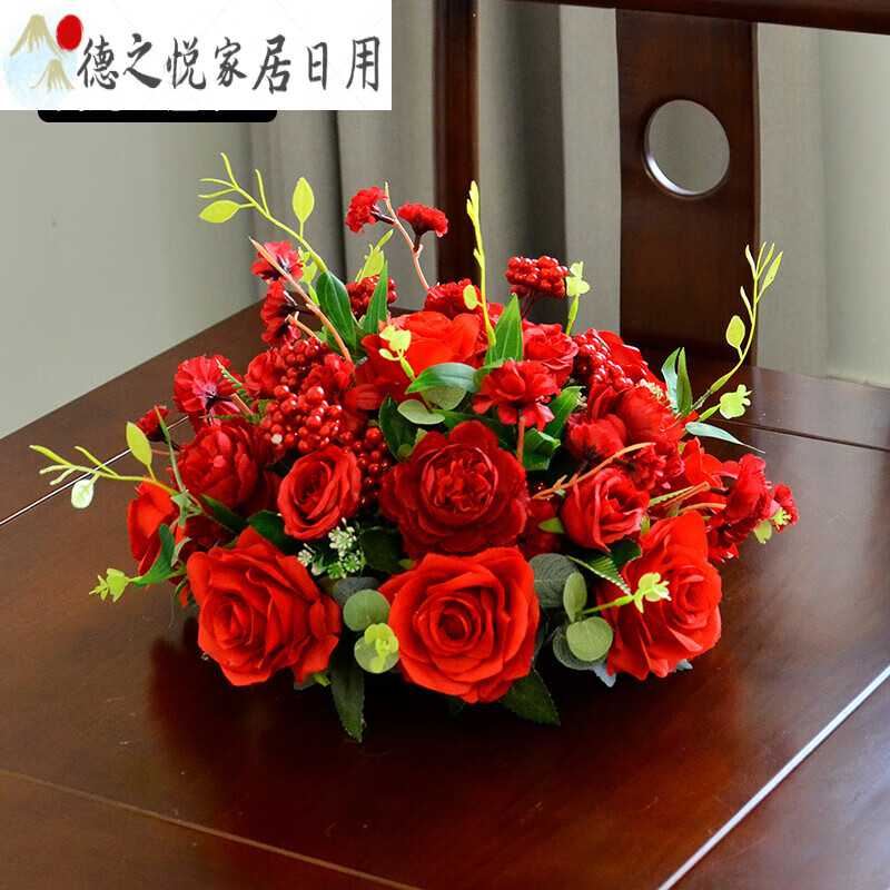 2022新款会议桌摆放花卉 新款酒店餐桌摆花餐厅圆形桌花生日宴会 红色