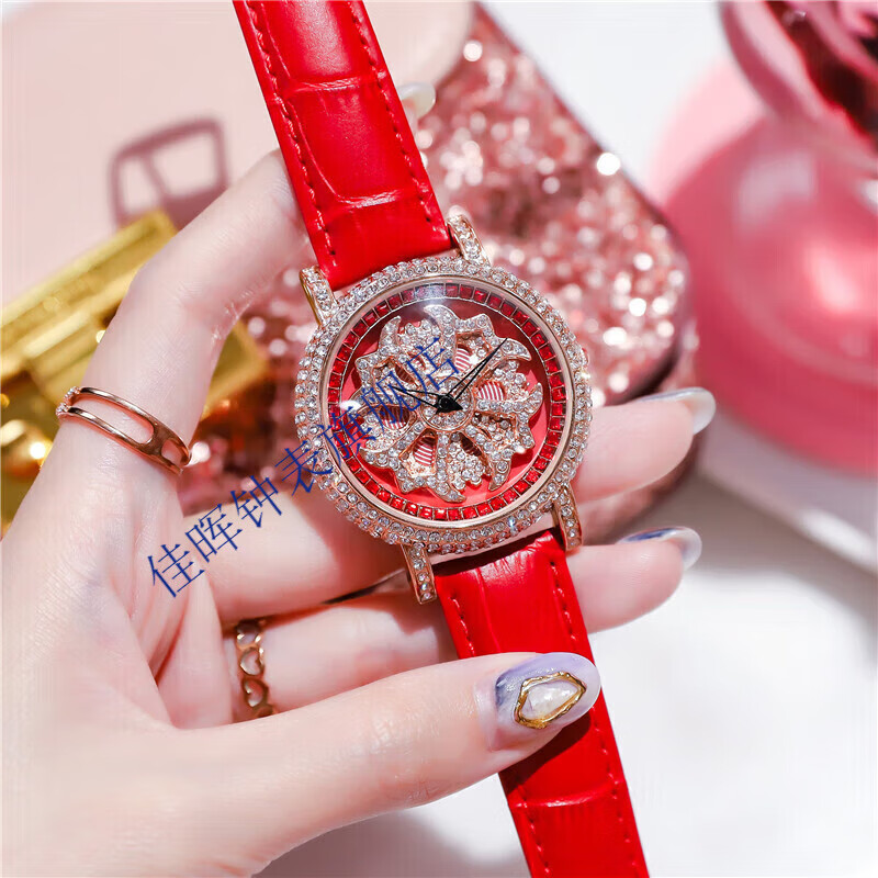 佳晖网红满钻时来运转手表女士时尚潮流表 红色