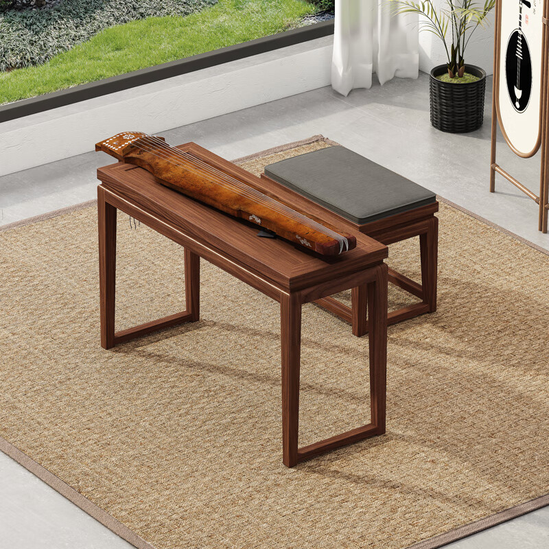 云漫卿古琴桌凳实木   榆木仿古简约古琴桌凳共鸣新中式全实木黑胡桃