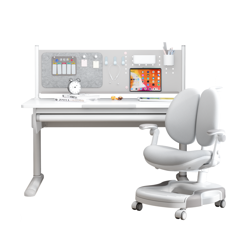 青节 儿童学习桌书桌青少年学习桌 小学生书桌写字桌 带书架高度可升降实木桌椅套装 心流S桌-1米实木桌带书架+智多星椅【浅云灰】