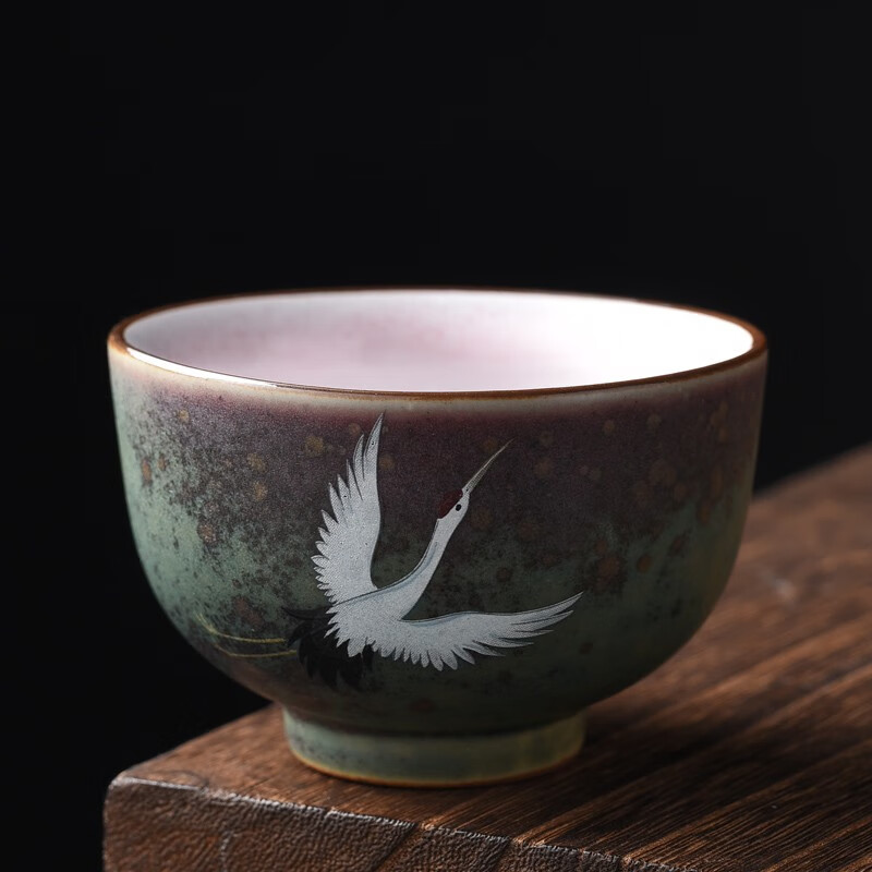 雅轾茗品 窑变焕彩品茗杯瑞鹤呈祥中式功夫茶杯复古大号个人单杯茶盏