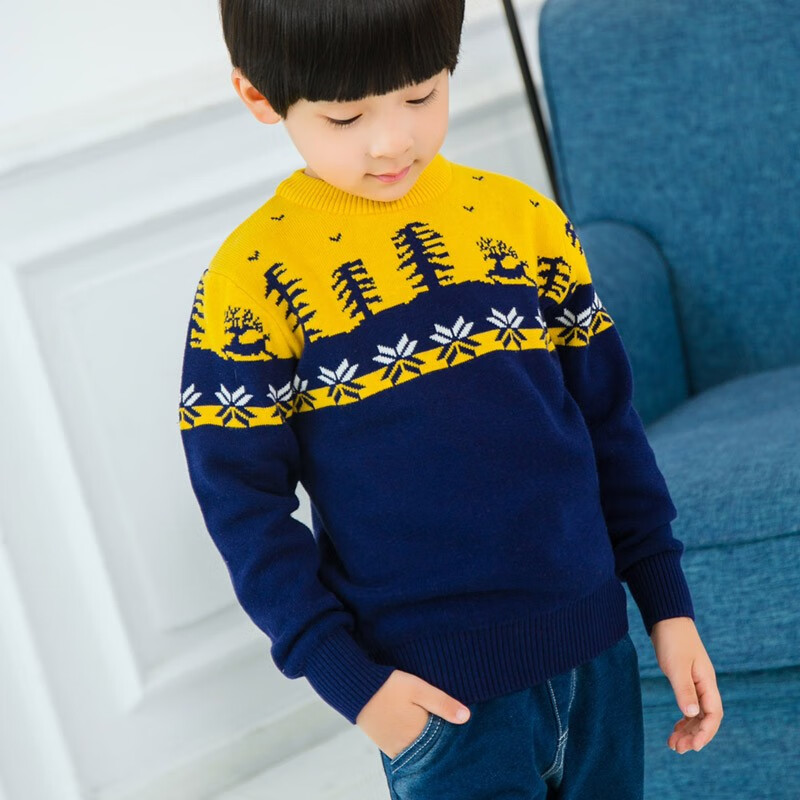 绒中羊童装男童毛衣套头双层加厚纯棉中大童线衣儿童针织衫秋冬款 双层加厚藏青横花 150 建议身高135-145cm