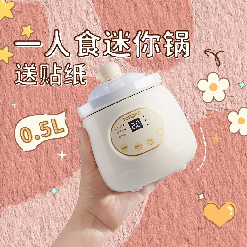 藤婆（tengpo）迷你电炖锅 电炖盅 一人食锅陶瓷燕窝小型煮粥神器一人份养生家用煲汤炖汤锅0.5L小容量全自动电锅 奶白色【升级款】