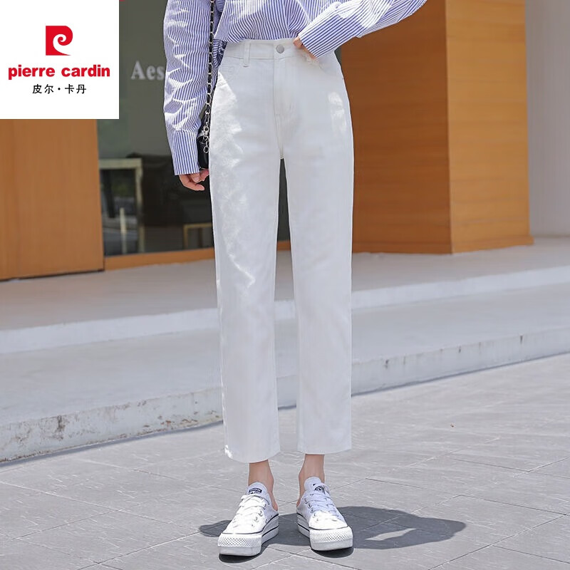 皮尔卡丹(pierre cardin)牛仔裤女装春夏秋季新款韩版高腰韩版显瘦宽松百搭九分直筒烟管裤 白色 XL 【117-128斤】