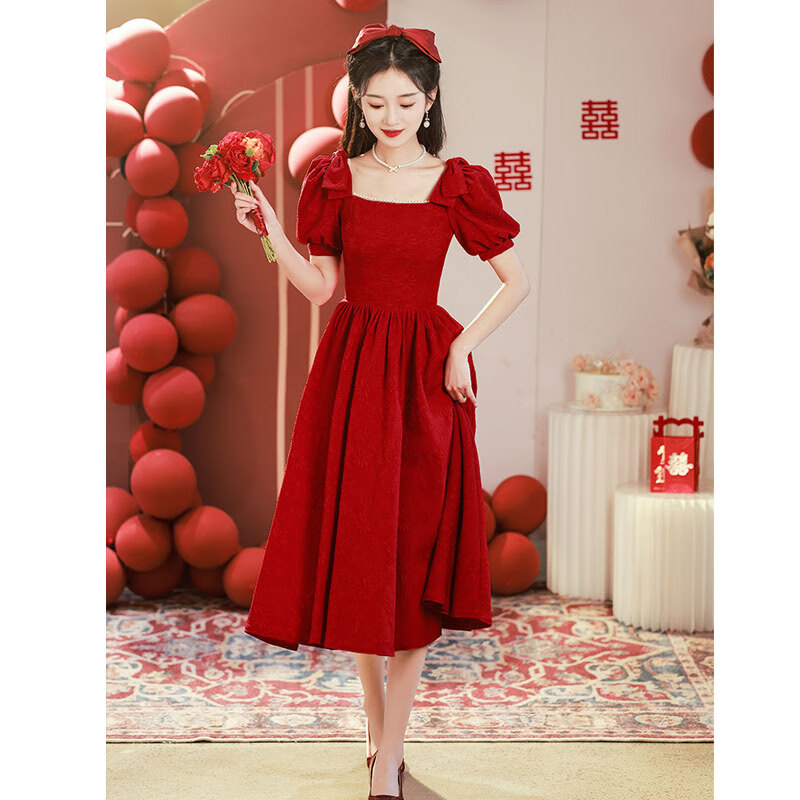 塞德勒（SAIDELE）敬酒服新娘小个子法式订婚礼服女夏季红色连衣裙平时可穿 酒红色 XL (建议116-125斤)使用感如何?