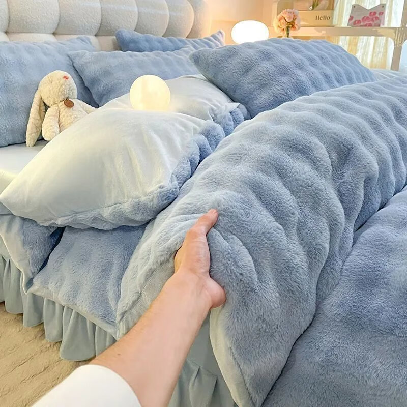 水星家紡家紡加厚兔兔絨四件套冬季牛奶絨被套床單珊瑚絨床裙雙面 兔兔絨-寶石藍(lán)【三秒速熱】 床單款 2.0床【200*230被套】四件套