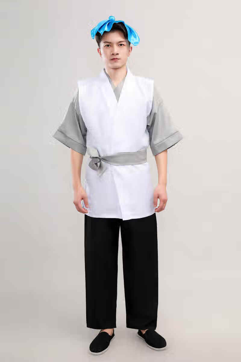 小二古装仆人杂役平民百姓演出服酒店男女表演服装 白色马甲五件套