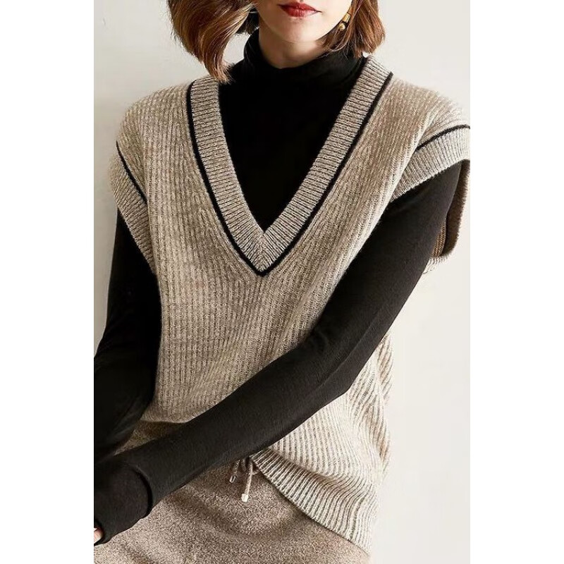 纤晟伊新款v领马甲女宽松毛衣背心女针织坎肩无袖内搭洋气马韩版潮