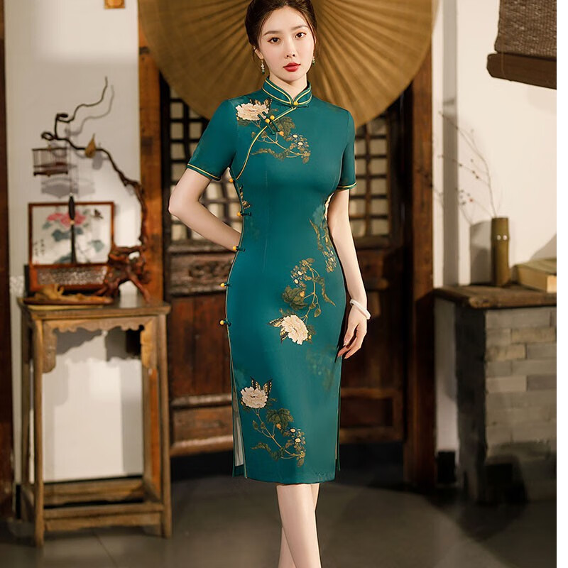 女改良时尚夏季新款优雅气质中国风旗袍年轻款时尚旗袍连衣裙 孔雀绿