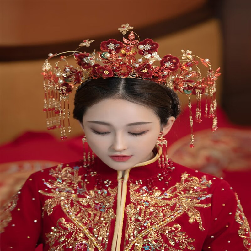 凤冠手工红色流苏汉服古装秀禾服结婚头饰品复古 头饰套装(预售十天)