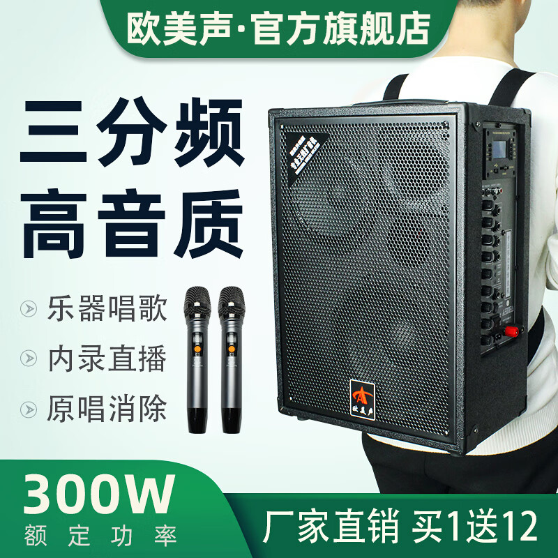 欧美声（Ou Mei Sheng） 街头唱歌网红直播户外演出音响专业级k歌便携式大功率三分频高级音箱 861背带款-8英寸+2无线话筒+大礼包