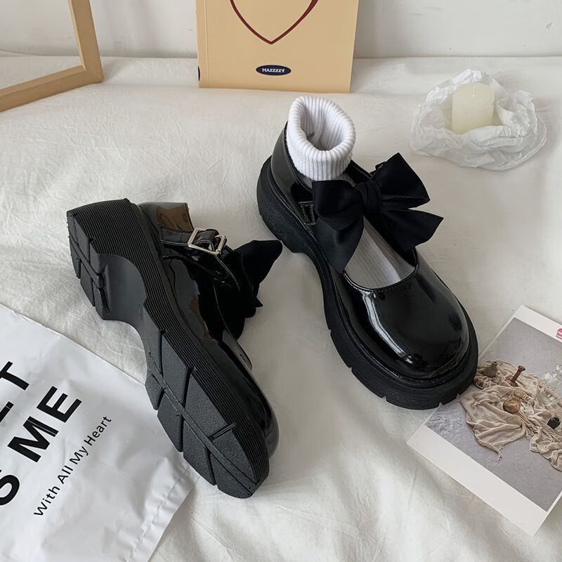 vjwk大脚丫大码43-45黑色大码女鞋松糕厚底百搭小皮鞋 黑色-蝴蝶结 35