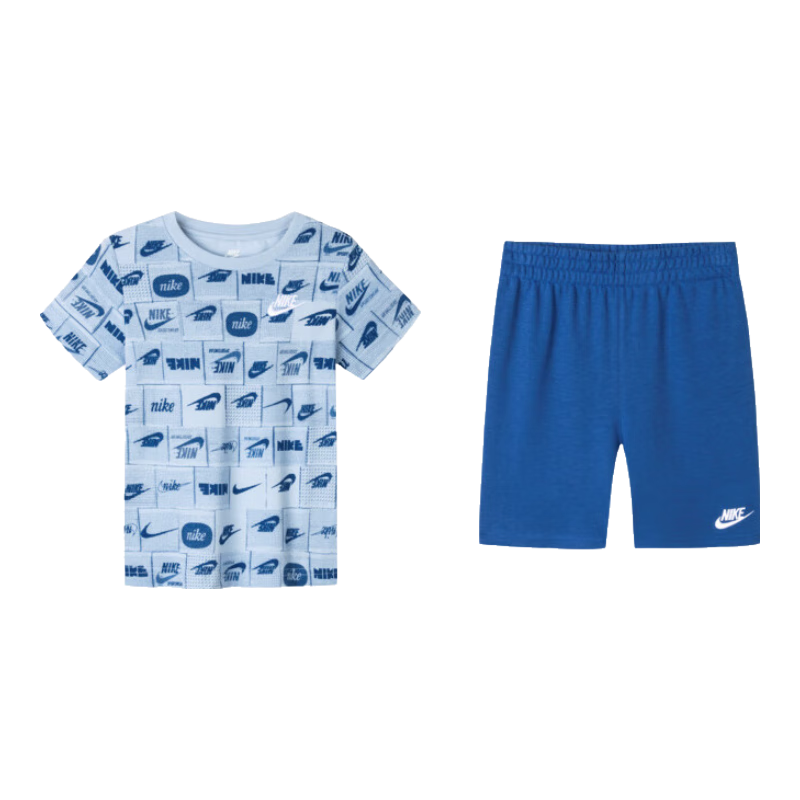 NIKE 耐克童裝男童【短袖T恤+短褲2件套裝】2025夏季滿印兒童短袖套裝