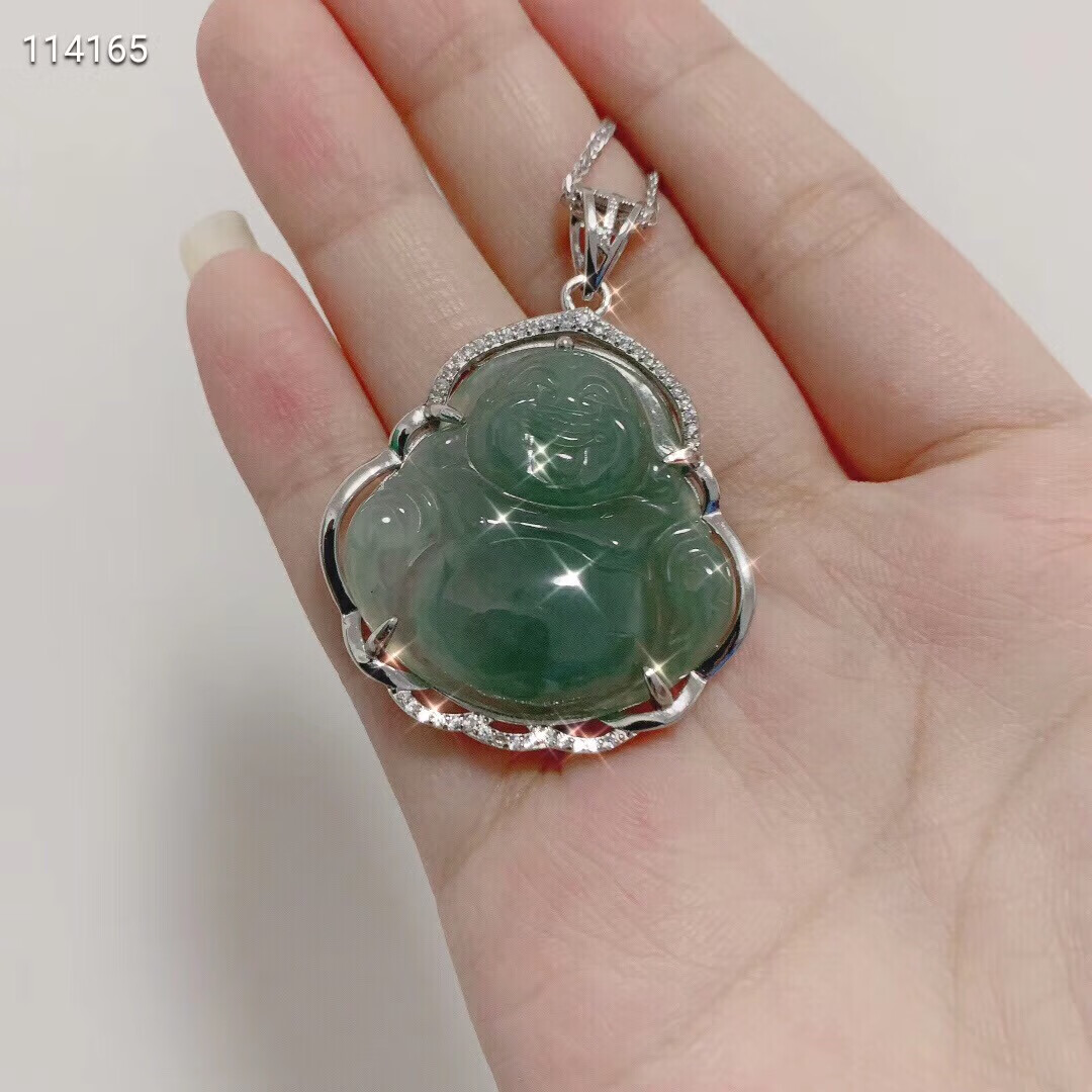 足银s925镶嵌翡翠玉佛项链女送女友妈妈婆婆生日礼物