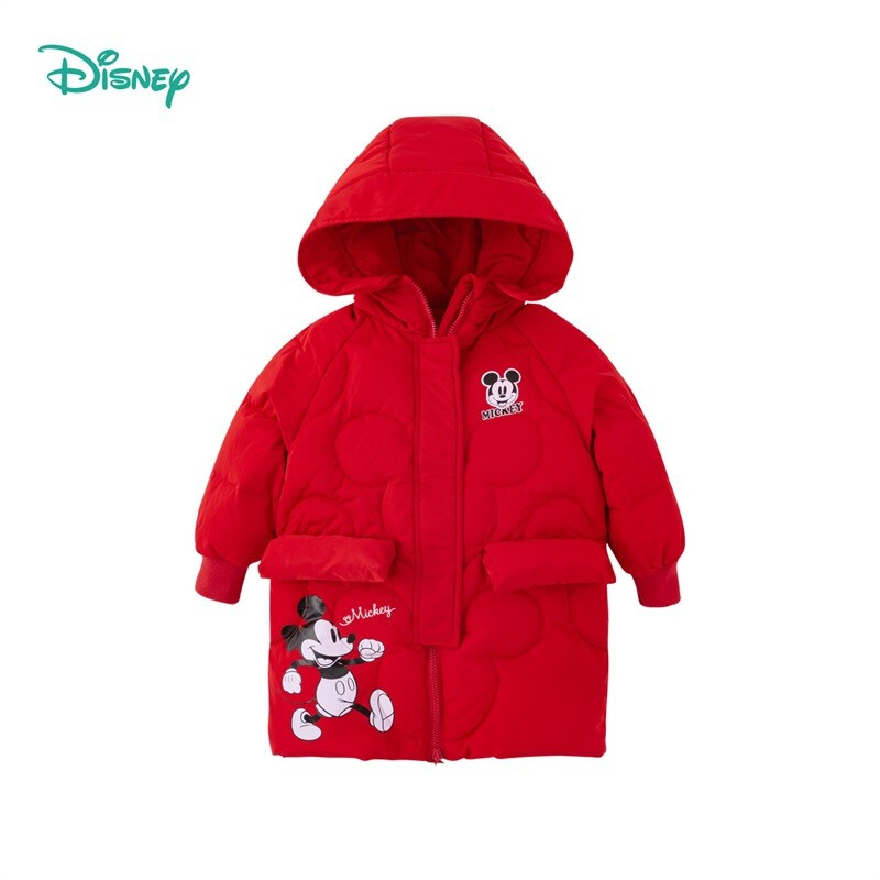 迪士尼(Disney)童装 男童羽绒服2021年冬季保暖连帽外套中长款上衣大红6岁/身高130cm
