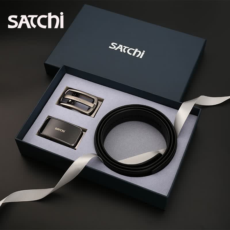 satchi沙驰皮带男真皮裤带纯牛皮青年精美礼盒高性价比双扣头腰带新品