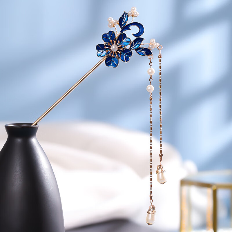 古装烧蓝发饰点翠蜻蜓发簪发冠套装珍珠流苏发钗簪子汉服头饰全套