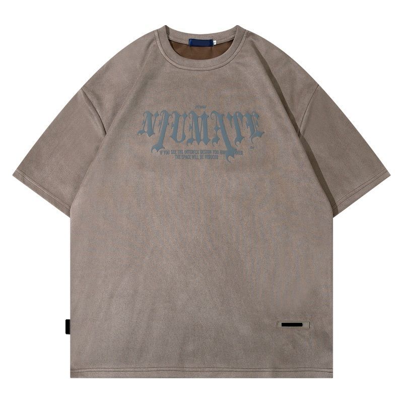 渐变印花字母t恤男hiphop设计感复古创意鹿皮绒情侣短袖宽松 咖色 m