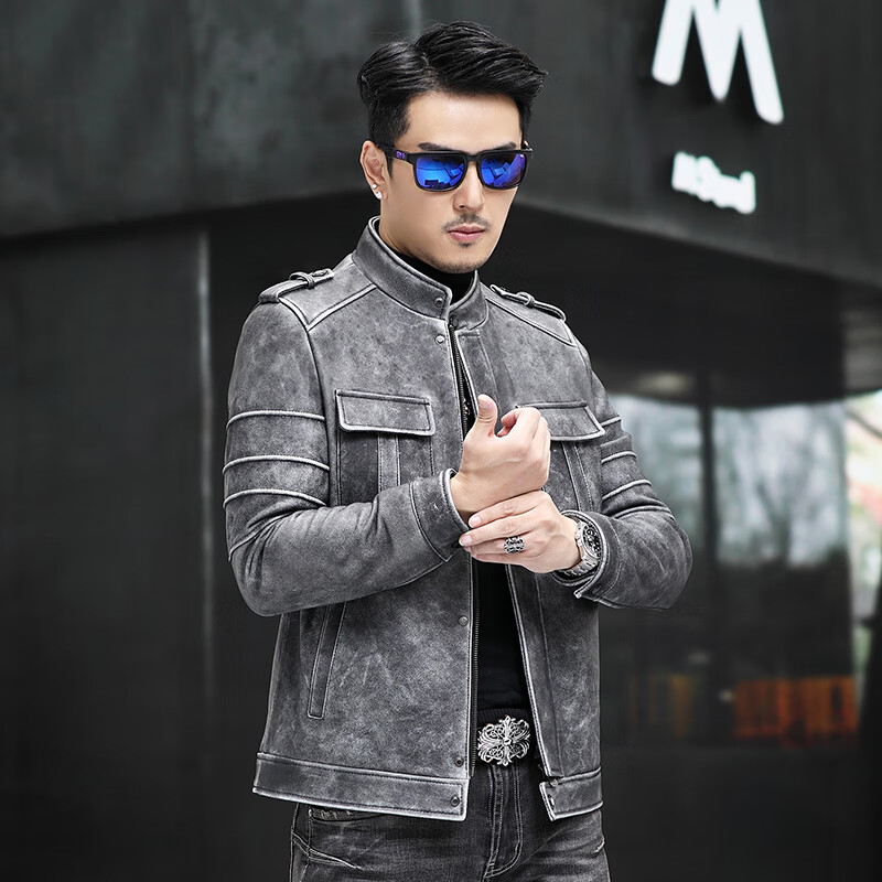 克思士品牌男装反绒绵羊皮真皮皮衣男2023机车服皮夹克男士修身立领外套 黑白花 165怎么看?