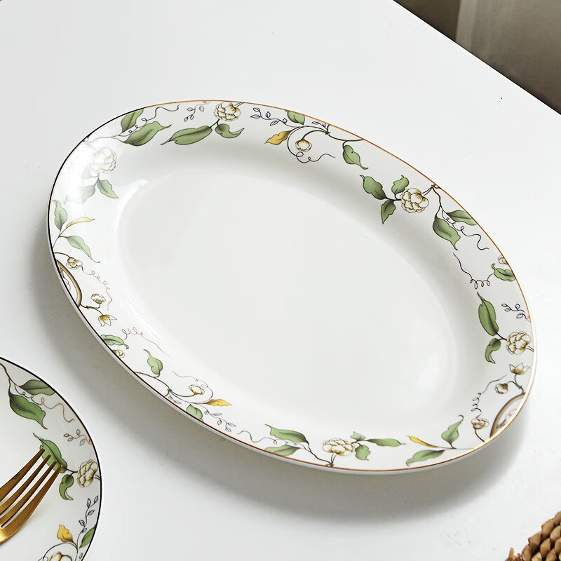 瓷秀源12英寸骨瓷鱼盘椭圆形陶瓷盘子大号蒸鱼盘菜盘微波炉餐具 椭圆