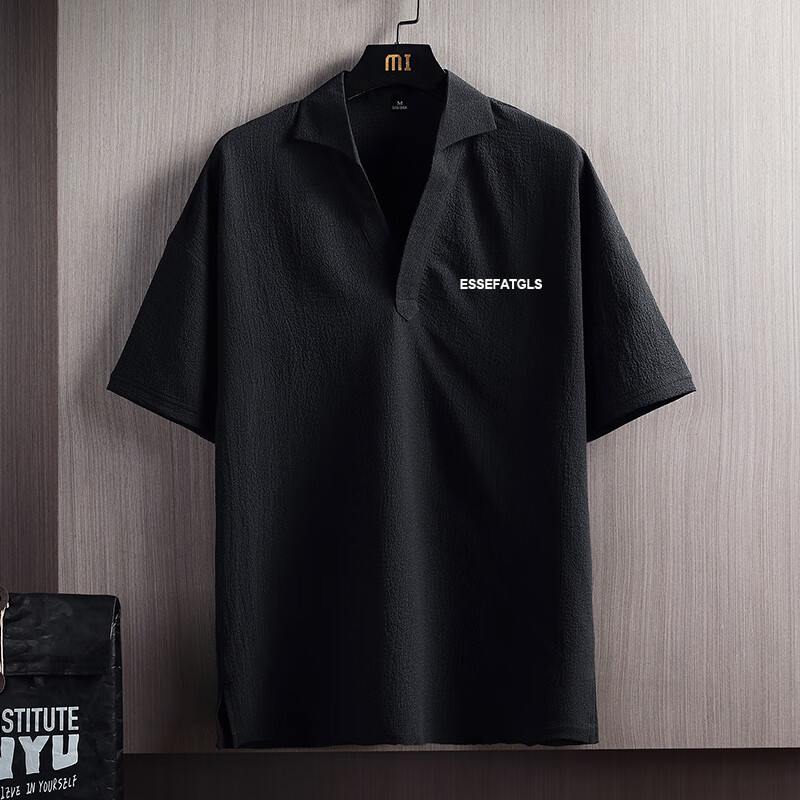 t恤速干胖子冰丝短袖男v领冰感半袖肥佬加肥加大半截袖 922黑色esse s