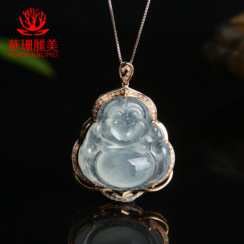 华珊丽美 天然翡翠冰种佛公吊坠 冰透水润种水足 18k玫瑰金钻石镶嵌