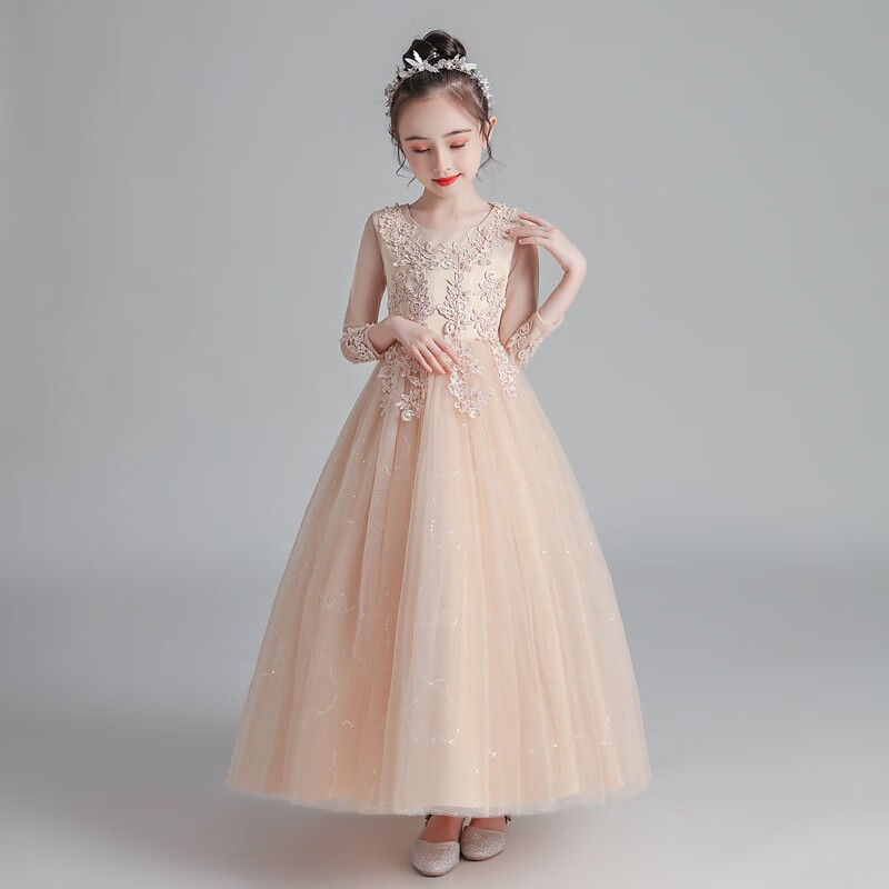 小风车彩虹长袖儿童长款礼服裙小主持人女童公主裙蓬蓬网纱钢琴表演出服 CW683香槟色(网袖长款) 170码高性价比高么？