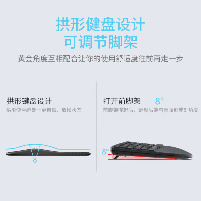 三巨K910人体工学键盘无线蓝牙双模静音可充电台式笔记本电脑办公打字专用拱形键盘带手托 纯黑色-双模充电版(无线2.4G+蓝牙) 双模