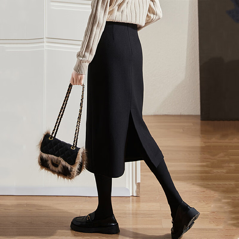 言蔻黑色直筒毛呢半身裙女春秋高腰显瘦垂感包臀开叉时尚百搭一步裙
