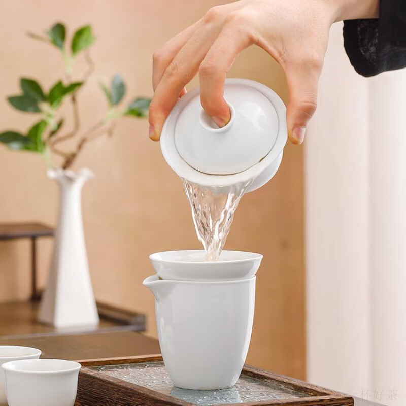 希格鲨白瓷功夫茶具套装礼盒logo定制家用羊脂玉瓷泡茶盖碗茶壶茶杯陶瓷 升级版白瓷三才盖碗板指杯套装 套
