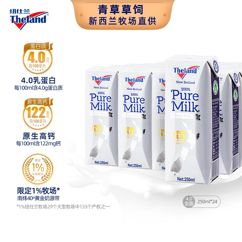 纽仕兰（Theland）4.0蛋白质全脂纯牛奶 新西兰进口 250ml*24盒 原生高钙 牛奶整箱 全脂24盒 79.9元