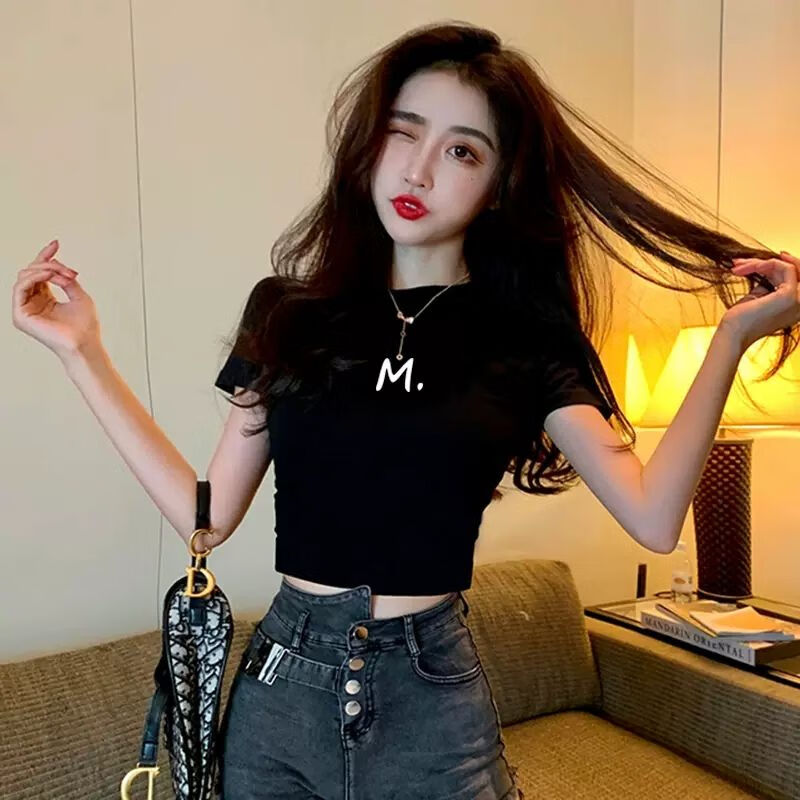 doagulrck显瘦高腰漏肚脐露脐上衣紧身打底衫黑色短袖女t恤短款高腰露