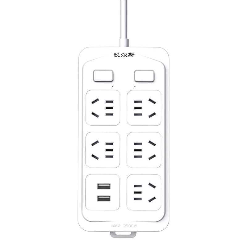 锐尔斯带USB桌面插线板电源插座多功能拖线板宿舍家用多插孔位/接线板/插排 5500U五插位双控-1.8米