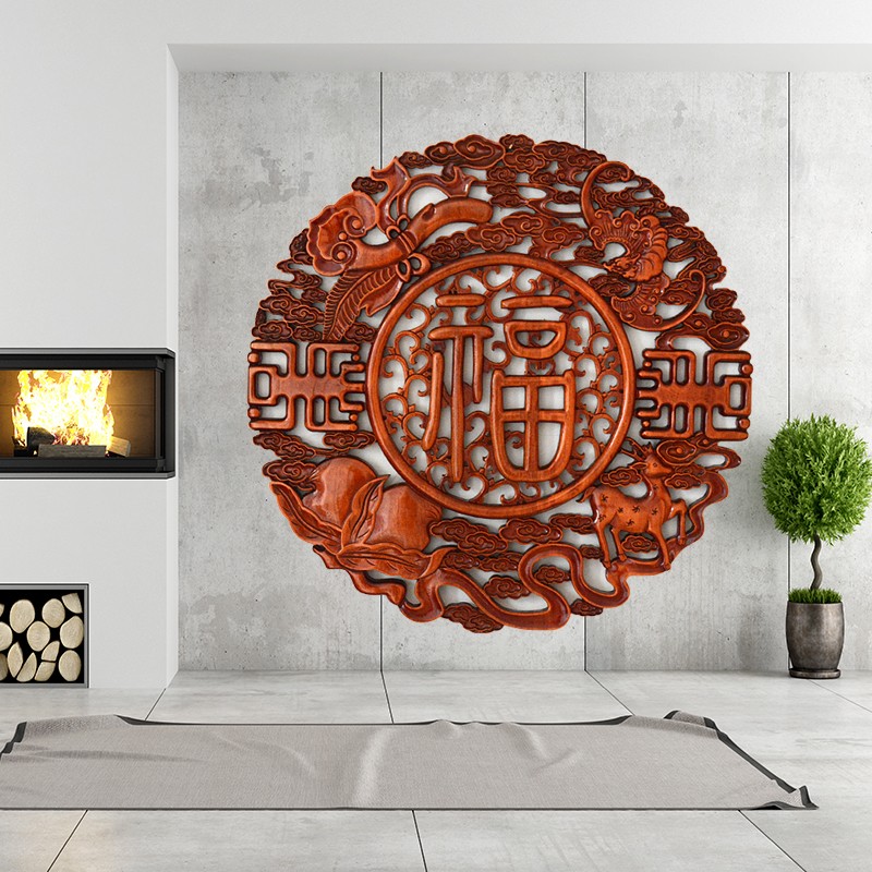 玺朝东阳木雕香樟木雕刻挂件圆形福字挂画客厅玄关装饰画背景墙挂饰