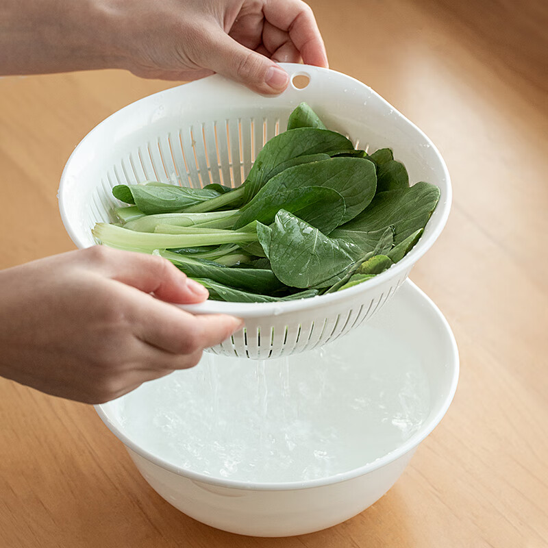阿司倍鹭（ASVEL）日本进口沥水篮厨房洗菜篮子果蔬篮淘米器洗米沥水盆洗水果篮 白色-大号-套装