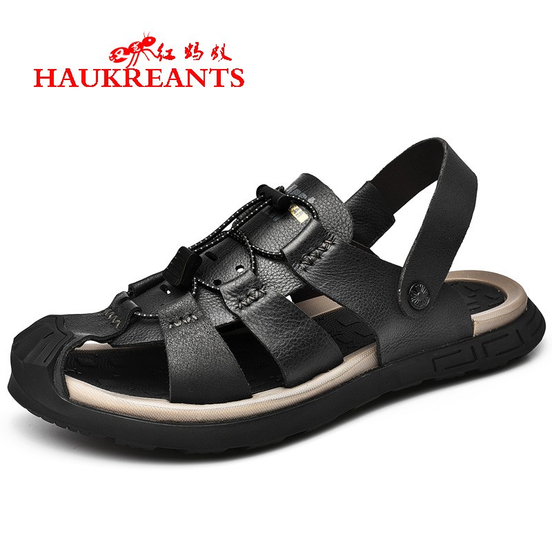 汉克红蚂蚁真皮新品夏季镂空百搭休闲沙滩鞋子男户外皮凉鞋欧洲英伦风