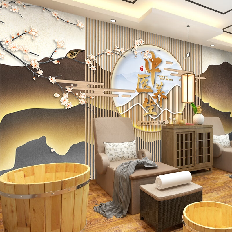 墨岩轻奢新中式中医养生馆壁纸意境山水花鸟前台背景墙正骨足疗店墙纸