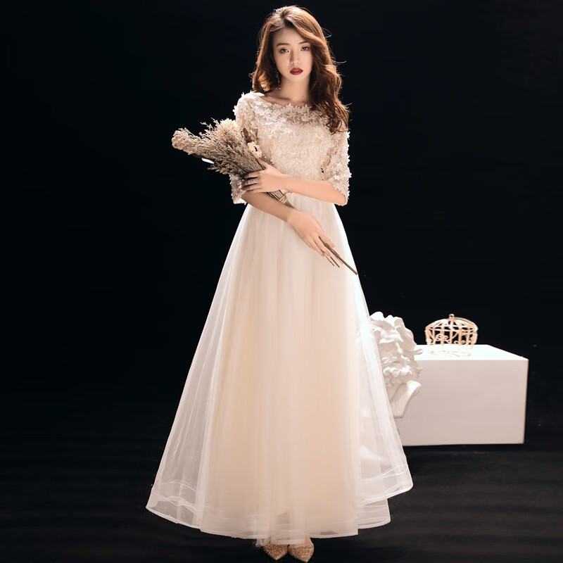 蔓语宴会晚礼服裙新款高贵优雅长款主持人女名媛伴娘服秋冬季 香槟色